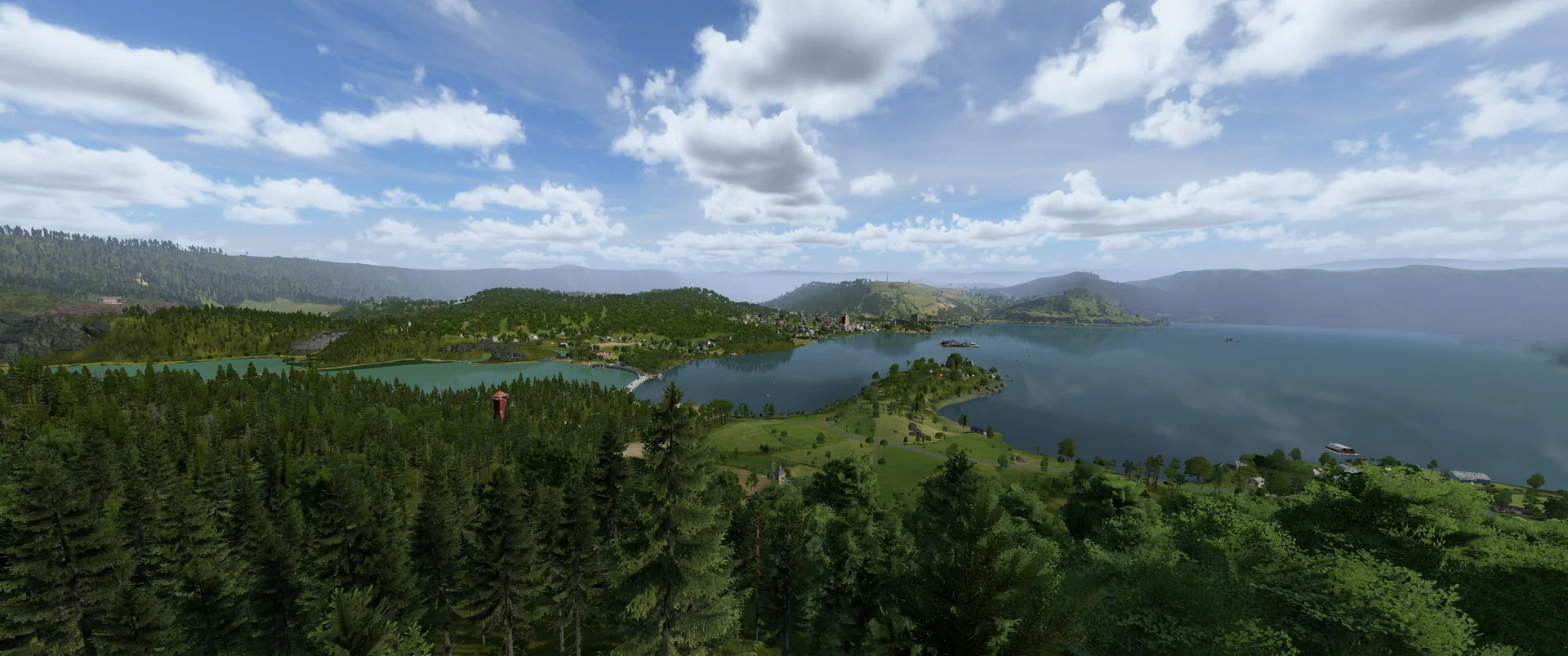 Aerial panorama of Azalea island — crater lake, forest and coastline