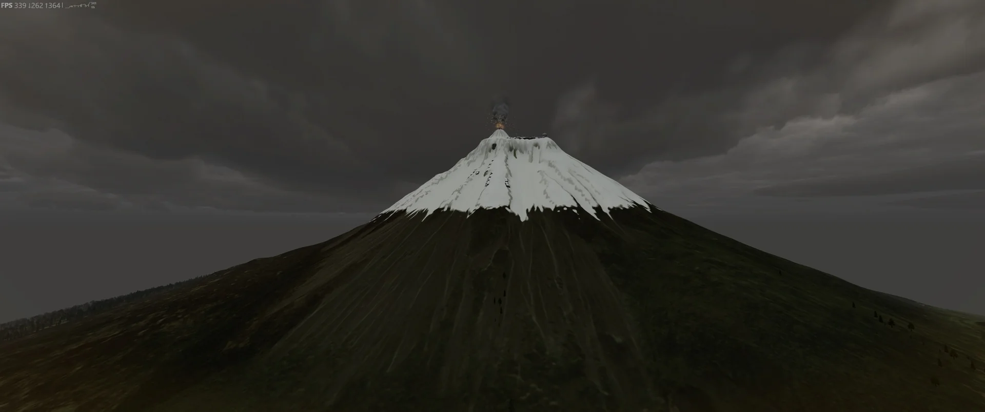 Snow-capped volcano against dramatic dark clouds