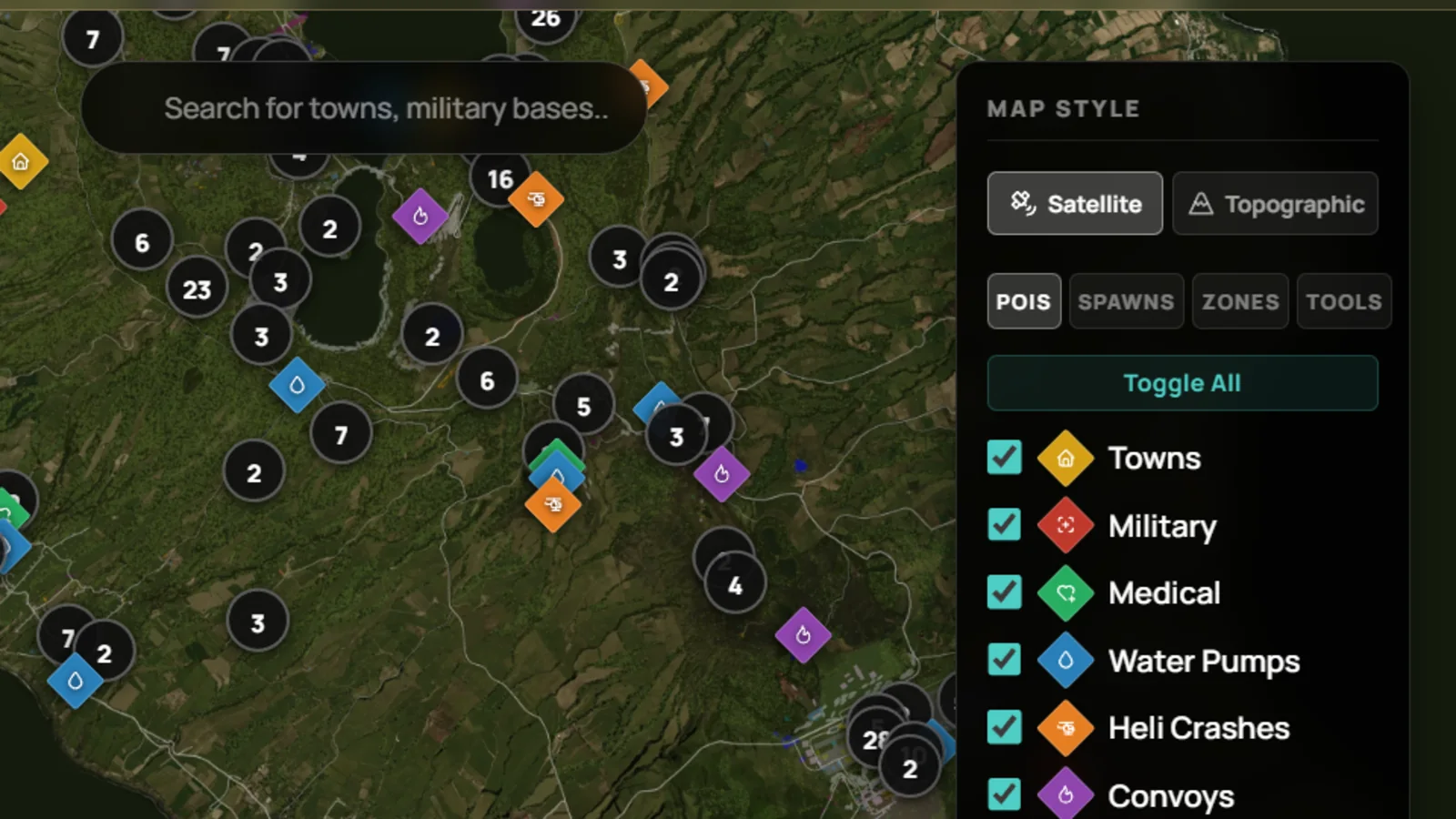 The Azalea interactive loot map, showing POI markers and category filters